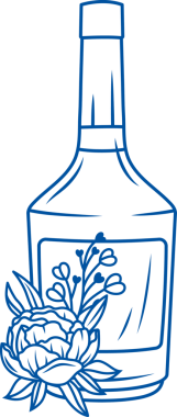 Bir şişe lezzetli likör ya da bahçedeki çiçeklerle süslenmiş alkollü likör. El çizimi.