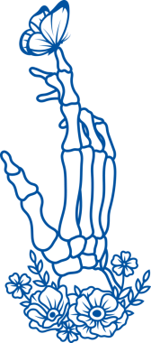 Kelebekli, parmaklarının üzerinde oturan ve mezarında büyüyen ölü bir adamın kemikleri. El çizimi.