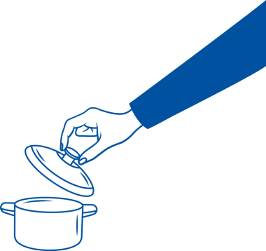 Kadın eli küçük tencereyi açar, içeriğinin hazır olup olmadığını kontrol etmek için kapağı açar. El çizimi.