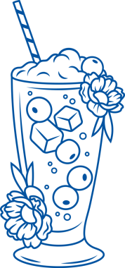 Soğuk milkshake şeffaf bardakta, yabanmersini ve buzla süslenmiş, çiçeklerle süslenmiş. Yaz sıcağında ferahlatan ve yürüyüşten sonra susuzluğunu gideren lezzetli milkshake.