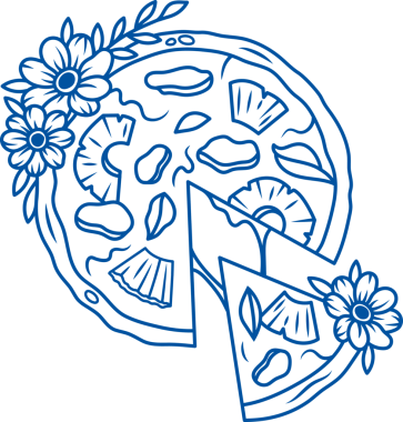 İtalyan pizzacıdan gelen esnek peynirli ve ananas dilimli büyük pizza. Çiçeklerle süslenmiş pizza, lezzetli ince hamurla yüksek sıcaklıkta taş fırında pişirilmiş.