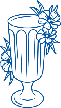 Şampanya ya da soğuk alkolsüz kokteyl servisi için bahar çiçekleri olan güzel bir şarap kadehi. Tasarım restoranı veya bar menüsü için ince saplı şarap kadehi.