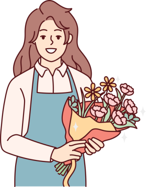 Buketli gülümseyen kadın çiçekçi.