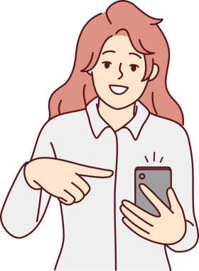 Gülümseyen kadın mobil bildirime işaret ediyor