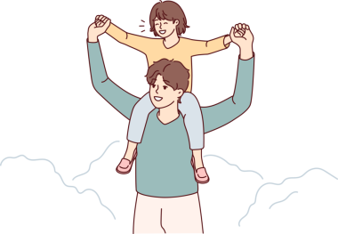 Omuzlarında çocuğu olan mutlu bir baba.