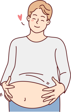 Gülümseyen şişman adam koca göbeğe dokunuyor.