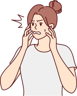 Sivilceden dolayı gergin bir kadın.