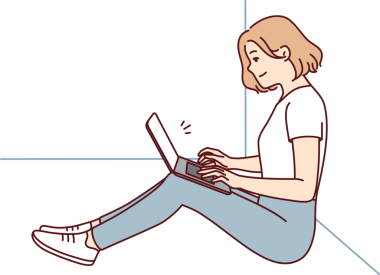 Duvarın yanında dizüstü bilgisayarı kucağında oturan pozitif kadın serbest yazar. Vektör resmi