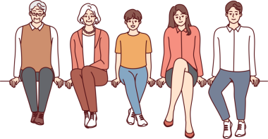 Farklı yaşlarda sıradan giyinmiş insanlar sıraya geçip ekrana bakarlar. Vektör resmi