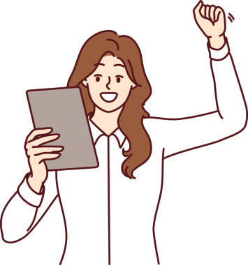 Mutlu kadın zafer jesti yapıyor ve elektronik tablete bakıyor. Vektör resmi