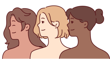 Çeşitli etnik çeşitlilikte, çıplak omuzlu güzel kadınlar bir tarafa bakar ve gülümser. Vektör resmi