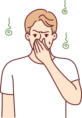 Tatminsiz bir adam, hoş olmayan ter kokusundan muzdarip elleriyle burnunu çimdikliyor. Vektör resmi