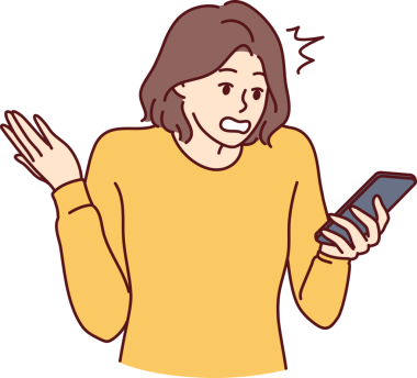 Kafası karışmış bir kadın telefonu tutuyor ve bankadan hoş olmayan mesajlar okuyor. Vektör resmi