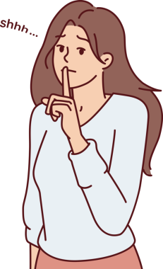 Mütevazı bir kadın sır tutmak ya da sakin olmak için parmaklarını dudaklarına koyar. Vektör resmi