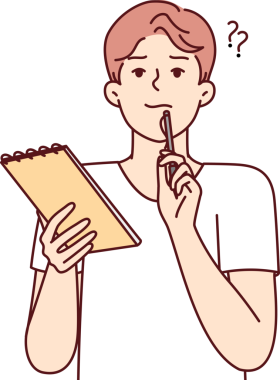 Defterli düşünceli bir adam zor bir görevi düşünürken kalemle karşı karşıya bırakır. Vektör resmi