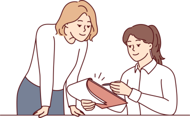 Kadın yönetici, asistan masasında oturmuş çalışma kağıtlarıyla birlikte pano kullanıyor. Vektör resmi