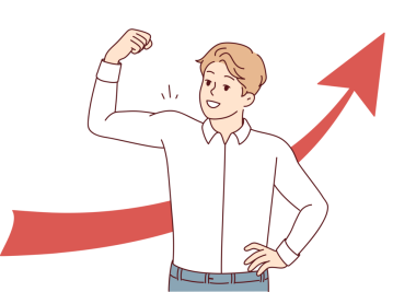 Beyaz tişörtlü mutlu bir adam okun yanında dikilirken pazılarını gösteriyor. Vektör resmi