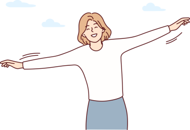 Özgür kadın gökyüzünün arka planında duruyor bulutlar kuşun uçuşunu resmediyor. Vektör resmi