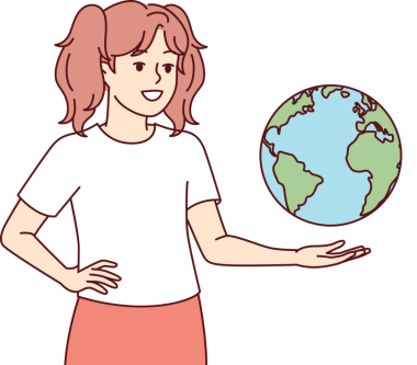 Dünya coğrafyası ve dünya seyahati hayali kuran genç bir kız. Vektör resmi