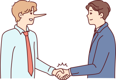 Uzun burunlu bir adam, iş elbiseli ortağıyla el sıkışıyor ve hile yapmaya çalışıyor. Vektör resmi