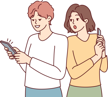 Erkek arkadaşının telefonuna bakan meraklı bir kadın sosyal medya yazışmalarını gözetliyor. Vektör resmi