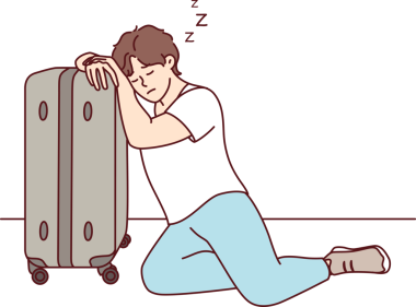 Yorgun adam zor bir iş seyahatinden sonra dinlenme bavulunda uyuyor. Vektör resmi