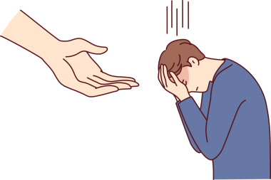 Ağlayan adam, gökyüzünden sarkan dev elin yanında dururken başını eğerek yüzünü kapatıyor. Vektör resmi