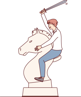 Kılıçlı bir adam büyük bir ata biner satranç taşı kararlılığı simgeler. Vektör resmi