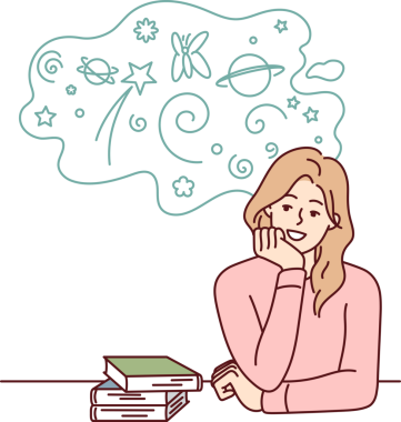 Kitaplarla dolu bir masada oturan kadın çenesini uzatıyor ve hayaller kuruyor. Vektör resmi