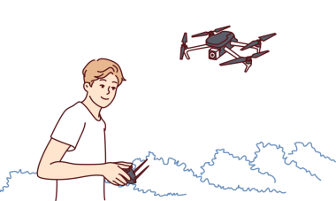 Genç çocuk uzaktan kumandayla kuadkopter fırlatıyor ve İHA 'dan hava fotoğrafçılığı yapıyor.