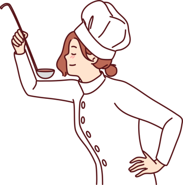 Elinde kepçeyle yemek pişiren kadın, restoran misafirleri için menüden çorba ya da sos hazırlamaya çalışıyor.