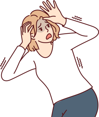 Korkmuş bir kadın panikliyor ve elleri ile başını örtmekten kaçınmaya çalışıyor. Tehlike ve tehdit hissediyor.