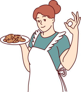 Gülümseyen ev hanımı mutfak önlüğü içinde aileyi kahvaltıya davet etmek için ev yapımı kurabiyeler hazırlıyor.