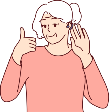 Yaşlı kadın işitme cihazı kullanıyor ve yeni aygıt sayesinde iyi ses düzeyini onaylıyor.