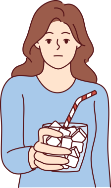 Duygusuz kız elinde şeker dolu bir bardak tutuyor. Sağlıksız besinleri sembolize ediyor.