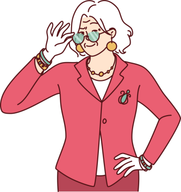 Şık takım elbiseli yaşlı bir kadın işe gitmek için ya da akşam yemeği partisi gözlükleri gözünün önünde ayarlar.