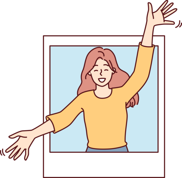 Sevinçli bir kadın kolları ayrık sana sarılmak ve iyi bir ruh hali vermek için fotoğraftan dışarı bakar. Vektör resmi