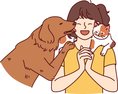 Evcil hayvanlı küçük kız kediyle iletişim kurmayı seviyor. Omzunda oturuyor ve köpek yüzünü yalıyor.