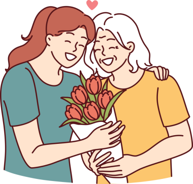 Kadın yaşlı anneye sarılır ve bir buket çiçek verir. Doğum günüyle ya da anneler günüyle tebrik eder.