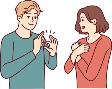 Sağır-dilsiz adam ve kadın işaret dili kullanarak ve elleriyle semboller göstererek konuşuyor.