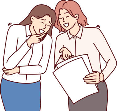 Kadın meslektaşlar şaka ya da komik hikayelere güler ve şirket çalışanları hakkındaki samimi dedikoduları paylaşırlar.