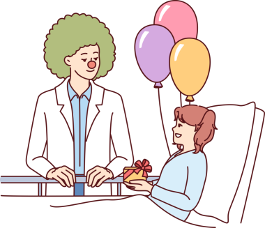 Palyaço doktor hastanede yatan ve desteğe ve olumlu duygulara ihtiyacı olan çocuğa hediye veriyor.