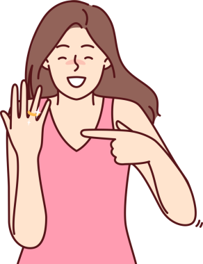 Evlilik yüzüklü mutlu gelin damadın hediyesini gösteriyor ve evlenme teklifine seviniyor.