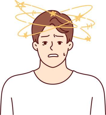 Baş dönmesi ve etrafta uçuşan yıldızlar olan bir adam kameraya kafa karışıklığıyla bakar.