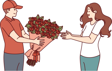 Çiçekçi adam, beklenmedik bir sevgililer günü hediyesinden memnun olan bir buketi kadına uzatır.