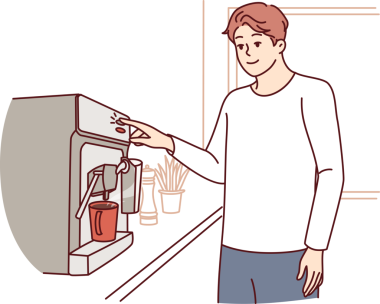 Adam evin mutfağında durmuş, canlandırıcı kahvaltıya içki hazırlarken kahve makinesi kullanıyor.