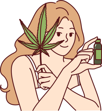 Kadın cilt bakımı için kenevir yağı kullanıyor ve sivilcelerle savaşıyor ya da yüzünde kırışıklıklar ve marihuana yaprağı tutuyor.