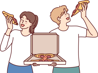 Kadın ve erkek, İtalyan aperatifleriyle dolu bir kutu pizza yer ve açlığı giderir.