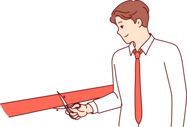 Adam yeni mağaza veya restoran açılışını kutlamak için törende kırmızı kurdele kesiyor..