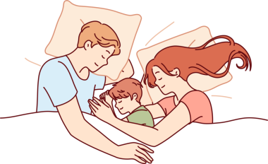 Çocuklu mutlu aile çifti yatakta uyur. Sağlıklı uykuların tadını çıkarır ve gücünü toplar.